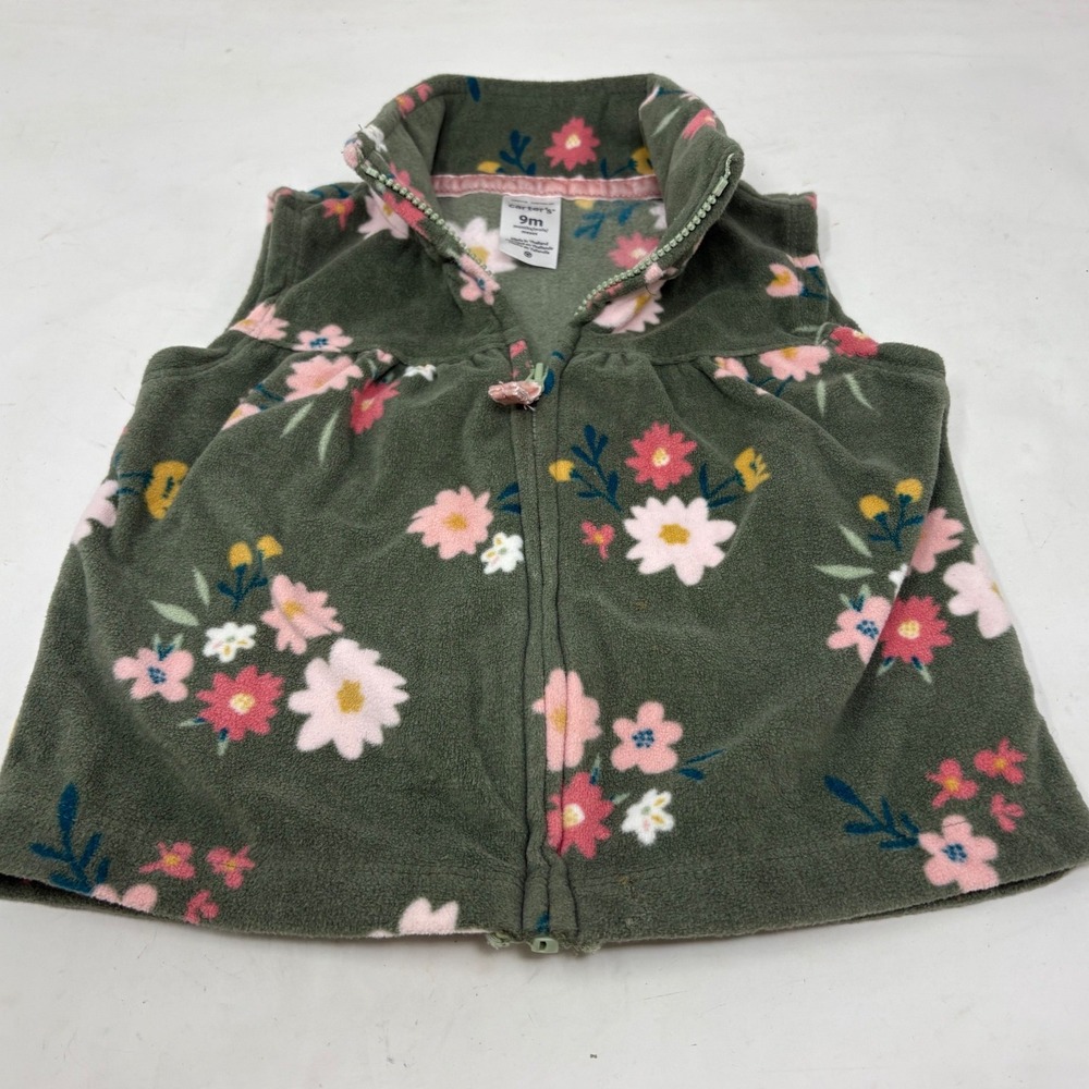 Carters Baby Girl Green Floral Fleece Full Zip Mock Neck Vest Size 9M